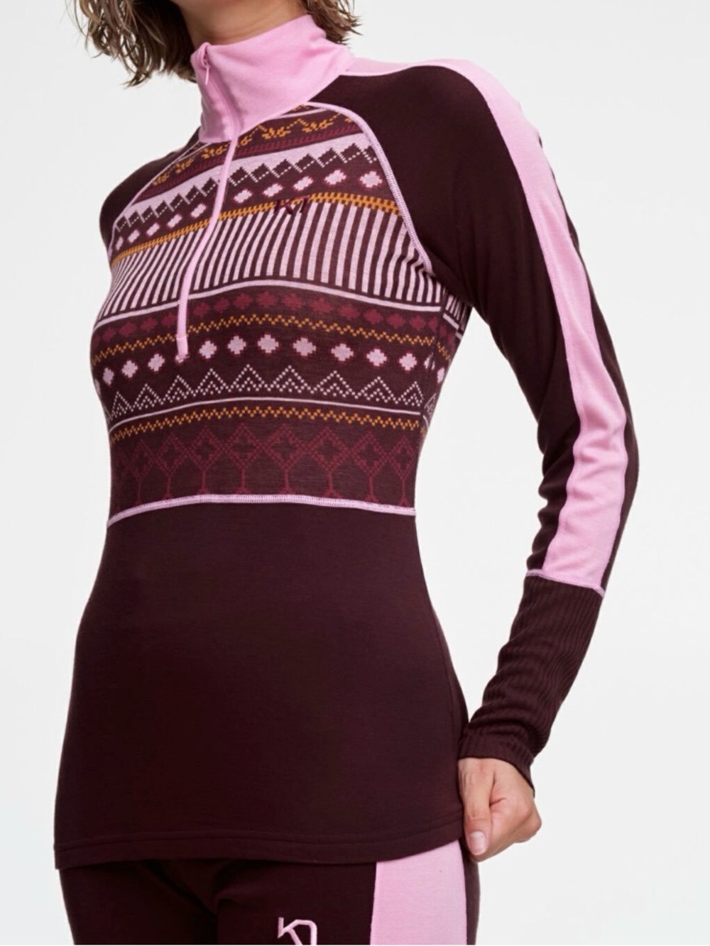 Kari Traa Plum and Pink Fair Isle Half-Zip Cowl Sweater